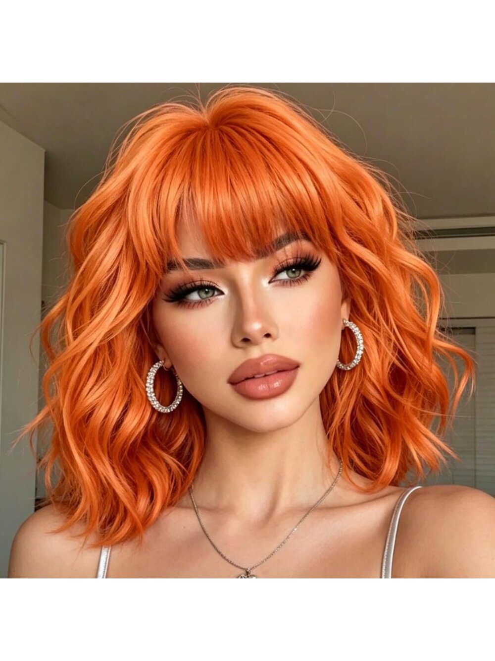 14Inch Women's Orange Short Bob Shoulder Length Wavy Synthetic Wigs With Bangs